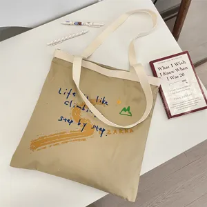 Canvas tote bag with inspirational English embroidery, large capacity daily shoulder bag.