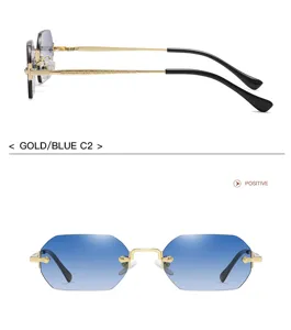 Stylish rimless polygon sunglasses featuring gradient blue lenses and luxury gold metal temples.