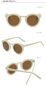 Gedetailleerd overzicht matte beige ronde zonnebril met voor-, zij- en achterkant.