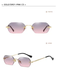 Detailed view of fashionable polygon rimless sunglasses with gradient lenses and metal frame.