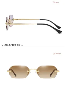 Stylish polygonal rimless sunglasses for women and men, gold frame with gradient tea lenses.
