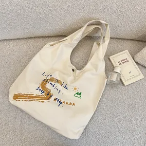 Beige canvas tote bag casual shoulder bag large capacity letter print stylish daily eco bag