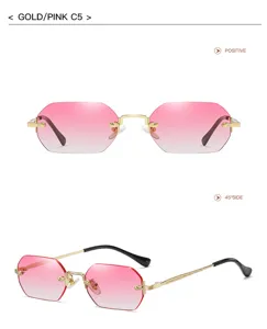 Fashionable polygonal rimless sunglasses for women and men, chic gradient pink lenses.