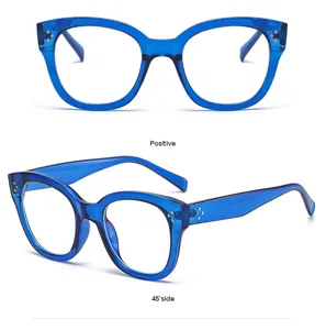 Monture de lunettes optiques transparente bleue au design carré épais et tendance moderne.