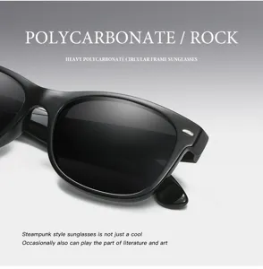 Detailed shot of classic black polycarbonate circular frame polarized sunglasses.