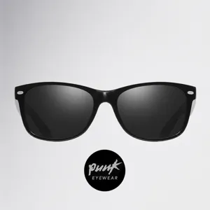 Classic black frame polarized sunglasses detail view, retro design with UV protection lenses.