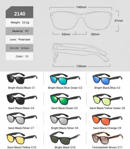 Detailed size chart and color options of 2140 polarized sunglasses, PC frame, 23.2g.