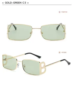 Detalle de gafas de sol retro de metal con lentes verdes y diseño de patilla con letra B.