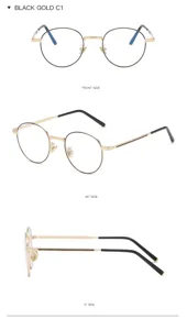Retro round metal anti-blue light glasses black gold frame multi angle display casual eyewear