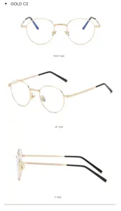 Detailed multi-angle view of retro metal round anti-blue light glasses in gold c2 color.