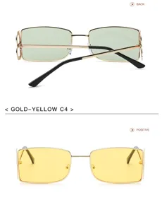 Vista detallada de gafas de sol cuadradas de metal retro con lentes coloridas.
