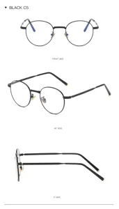Retro round metal anti-blue light glasses for men and women, classic black frame C5.