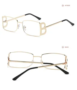 Gafas ópticas cuadradas de metal vintage con elegantes patillas de letra B para la moda.