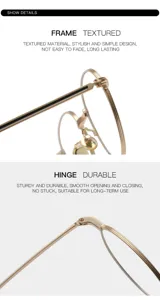 Retro metal anti-blue light glasses detailed view featuring textured frame and durable hinge.