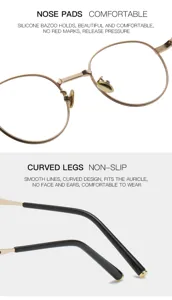 Retro metal optical glasses detail featuring comfortable silicone nose pads and non-slip curved legs.