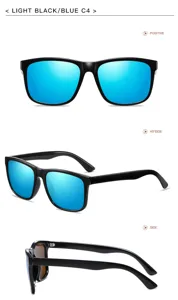 Detail view of TR90 square polarized sunglasses with blue mirror lenses, perfect for outdoor driving.