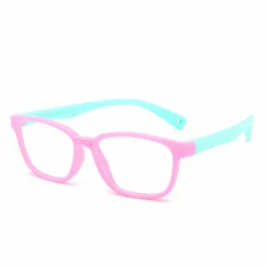 Gafas anti luz azul para niños con montura rosa y patillas azules, ligeras gafas TR90.