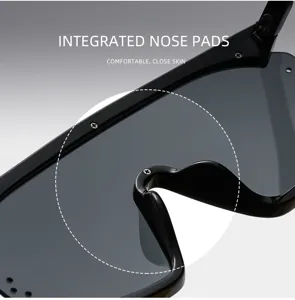 Detailansicht einer großen einteiligen Sonnenbrille mit bequemen integrierten Nasenpads.