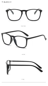Vue détaillée de la monture de lunettes noire carrée anti-lumière bleue avec rivets.