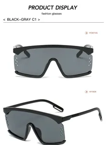 Entdecken Sie diese trendige Mode-Schild-Sonnenbrille mit großem Rahmen und grauem Glas.