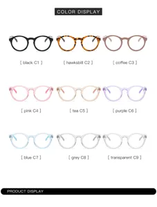 Gafas redondas anti luz azul en varios colores, elegante diseño de montura transparente.