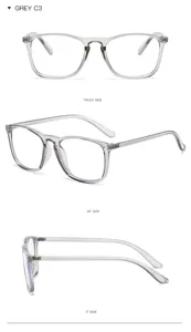 Vue détaillée de lunettes anti-lumière bleue carrées gris transparent multi-angles.