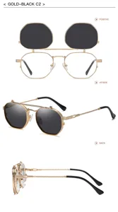 Lunettes de soleil steampunk en métal à double couche rabattable monture hexagonale.