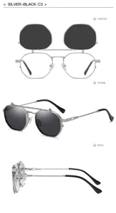 Vue détail de lunettes de soleil double couche steampunk argent noir monture métal.