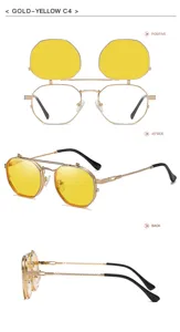 Lunettes de soleil steampunk à double couche rabattable jaune or pour hommes et femmes.