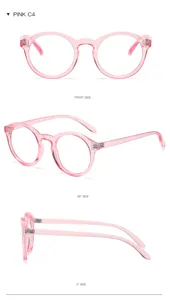 Detalle de gafas redondas rosa transparente, estructura de montura brillante y vista lateral.