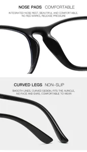 Détails de lunettes anti-lumière bleue noires, avec plaquettes confortables et branches incurvées.