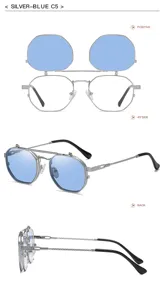 Lunettes de soleil steampunk à double couche, monture en métal argenté et verres bleus.