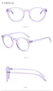 Gafas redondas moradas transparentes con filtro de luz azul, montura óptica elegante.