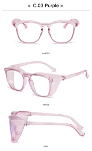 Roze blauwlichtfilter veiligheidsbril met zijschermen, transparant montuur detail.