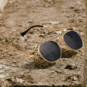 Lunettes de Soleil Rétro Steampunk Rabattables Unisexe Métal Polygone Double Couche Cerclée Carrée Protection UV400