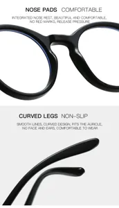 Vista detallada de gafas redondas negras con cómodas almohadillas y patillas curvas.