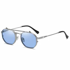 Lunettes de soleil steampunk unisexe avec monture en métal à double pont et verres bleus.