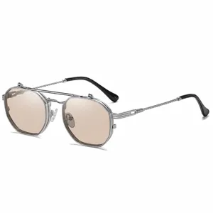 Lunettes de soleil steampunk à double couche pour hommes et femmes en métal polygone vintage