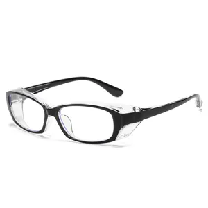 Black frame anti-blue light safety glasses with clear side shields for eye protection.