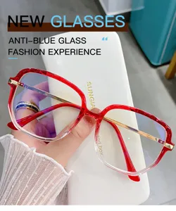 Occhiali anti luce blu rosso sfumato con stanghette in metallo montatura moda.