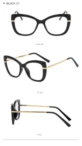Gros plan multi-angle détaillé de lunettes noires avec des branches dorées et détails.