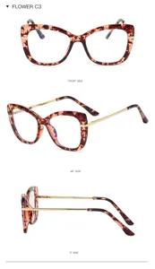 Vue detaillee de la belle monture de lunettes anti lumiere bleue style ecaille chat.