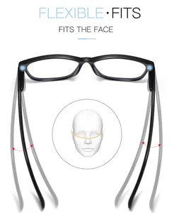 Flexible spring temple details and ergonomic face fitting design for comfortable glasses wear.