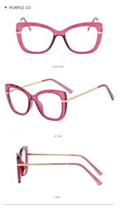Vue détaillée des lunettes anti lumière bleue œil de chat violettes branches dorées TR90.