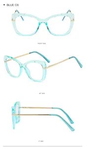 Lunettes anti-lumière bleue œil-de-chat bleues avec monture TR90 et branches en métal.