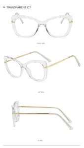 Lunettes de vue transparentes œil-de-chat avec branches dorées et coupe diamant pour femme.