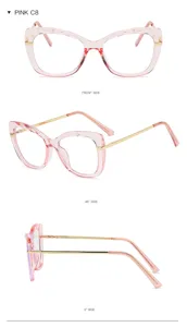 Vue détaillée de lunettes anti-lumière bleue œil-de-chat roses à monture TR90 taillée en diamant.