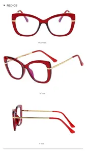 Lunettes de vue anti lumiere bleue style cat-eye rouge elegantes branches metal dore.