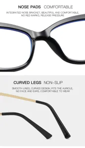 Vue détaillée de lunettes anti-lumière bleue, coussinets de nez confortables et branches incurvées.