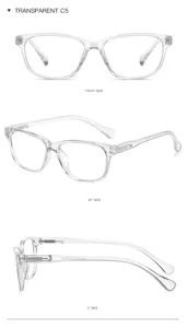 Detail view of transparent TR90 square anti-blue light glasses with spring temples clear.
